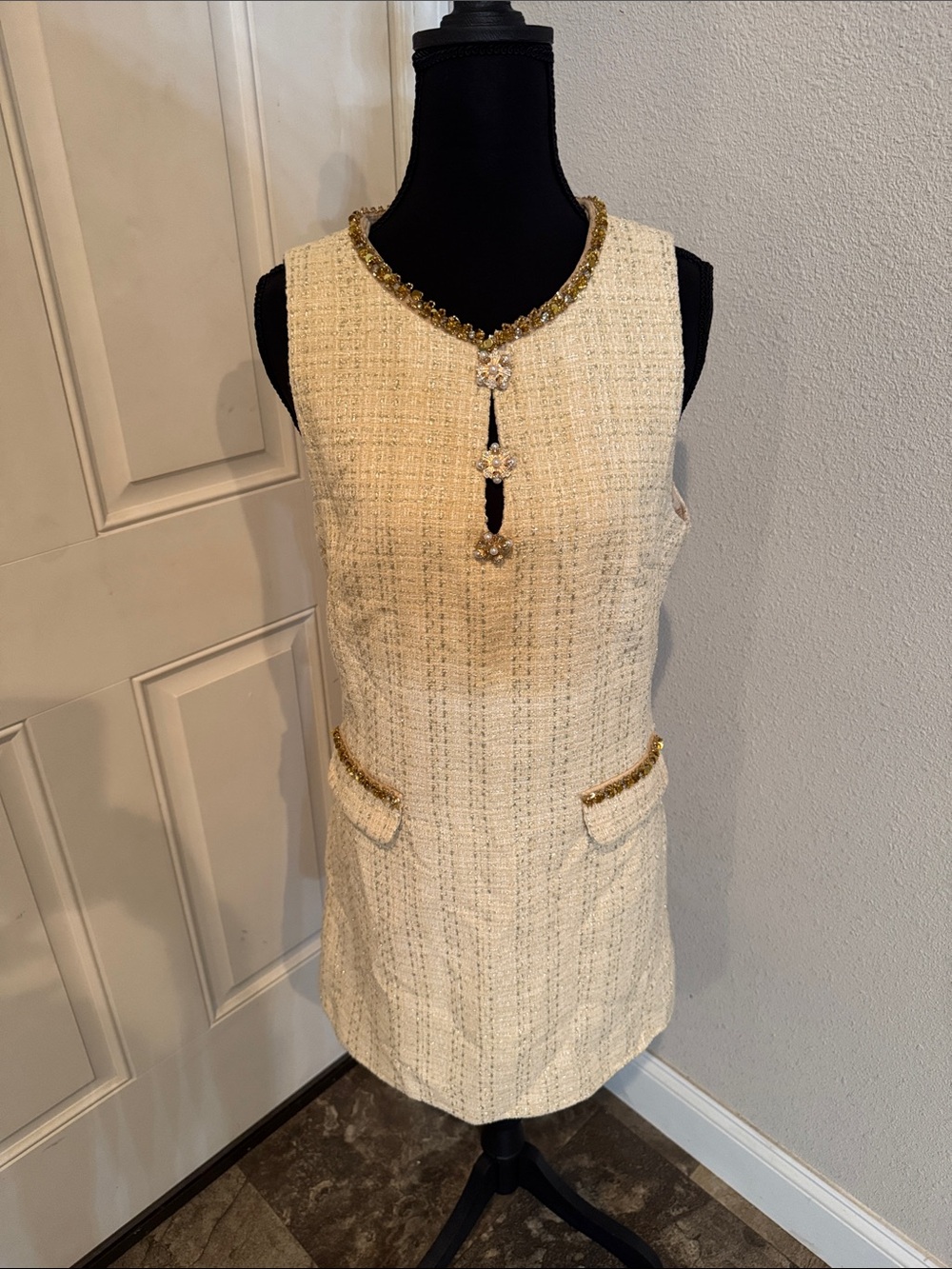 Cider Cream Tweed Midi Dress with Gold Accents